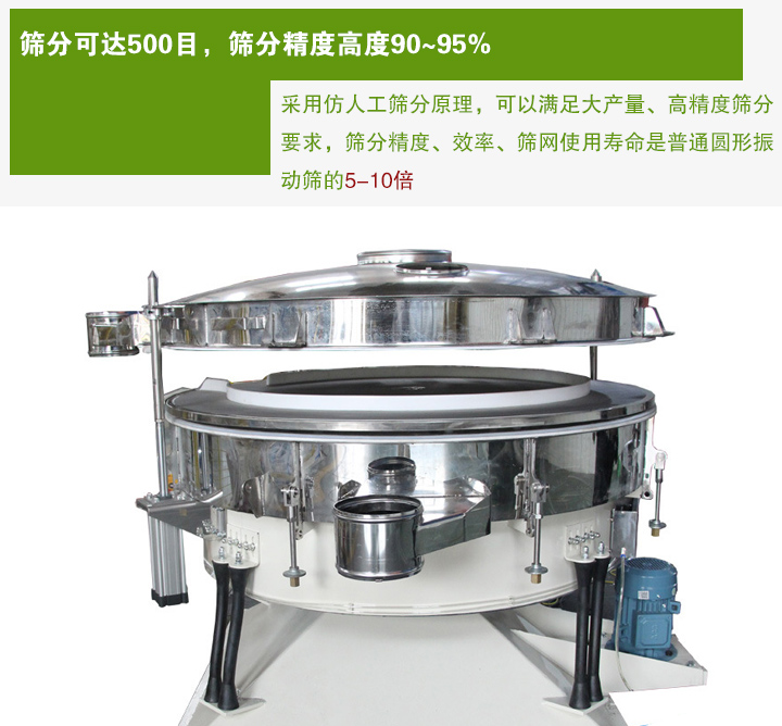 搖擺篩分機采用仿人工篩分原理，可以滿足大產(chǎn)量、高精度篩分 要求，篩分精度、效率、篩網(wǎng)使用壽命是普通圓形振 動篩的5-10倍